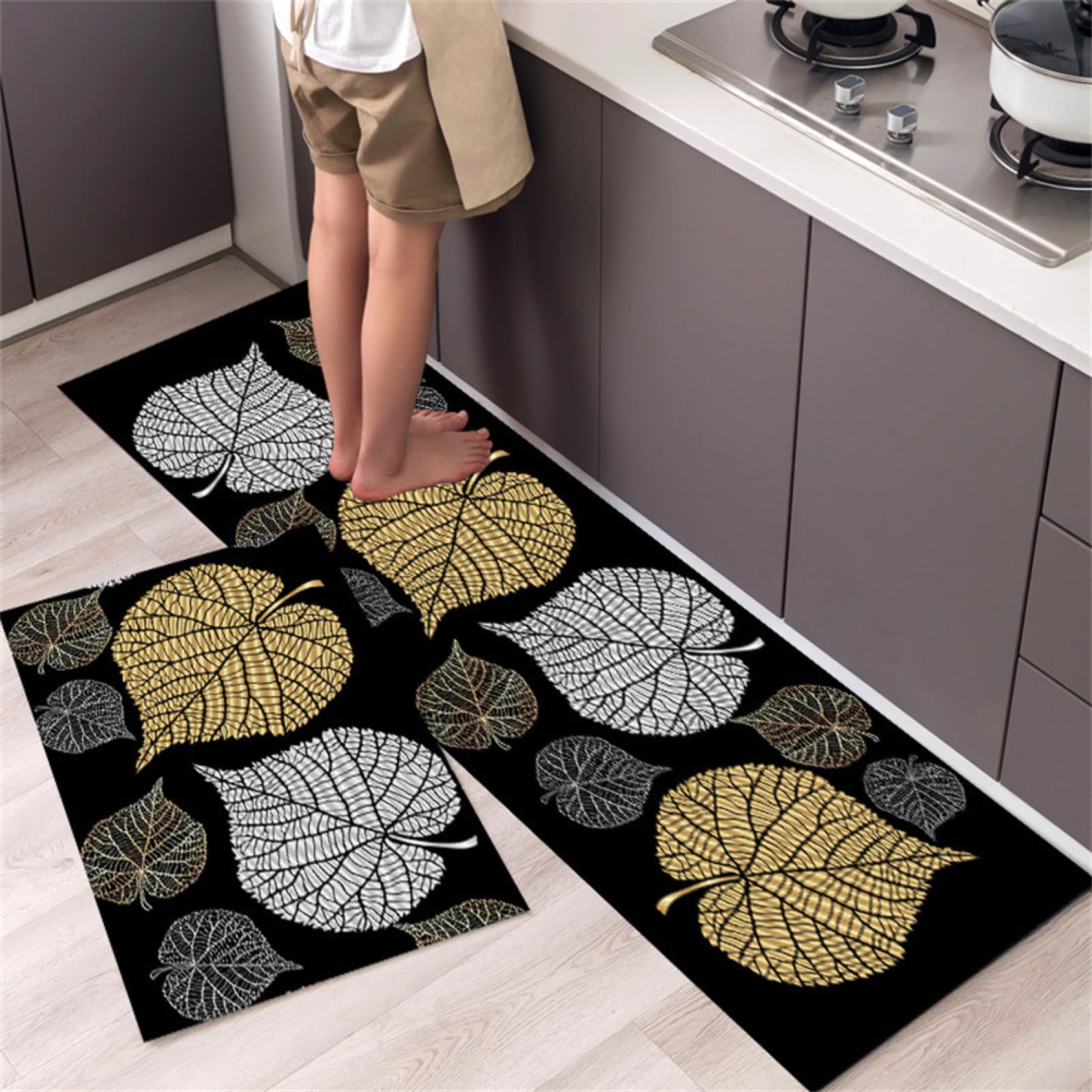 KüChenläUfer KüChenmatte 45x120cm, KüChenteppich Waschbar rutschfest, Teppich LäUfer Flur FußMatte Badematten, Wasser öL Aufnehmen Teppich KüChe Set für KüChe Wohnzimmer, Badezimmer Leaves
