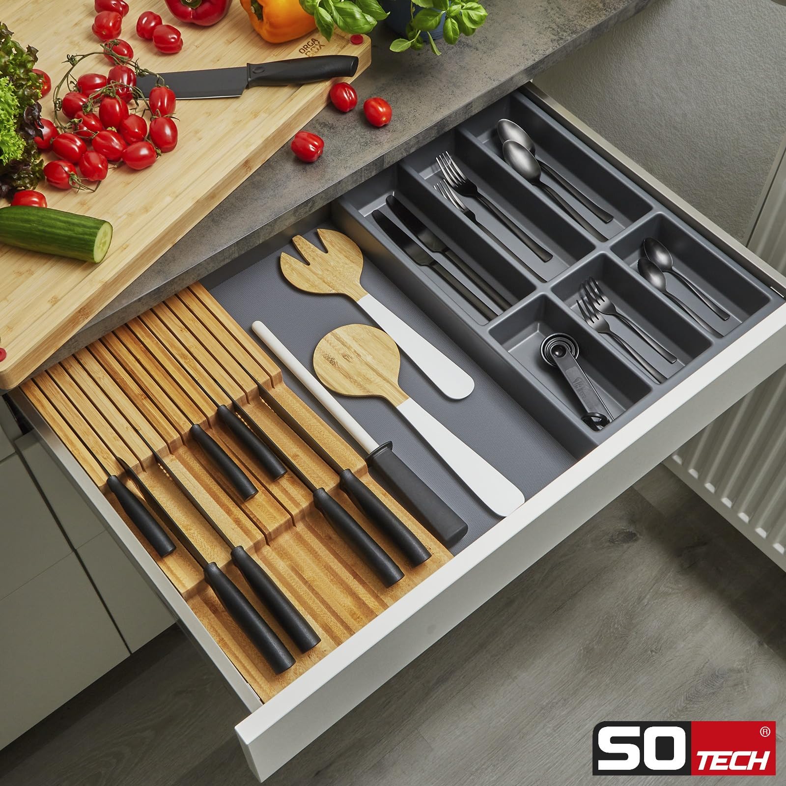 Orga-Box Vario SET 6 anthrazit für 100er Schublade Besteckeinsatz, Messerhalter, Antirutschmatte Orga-Weave