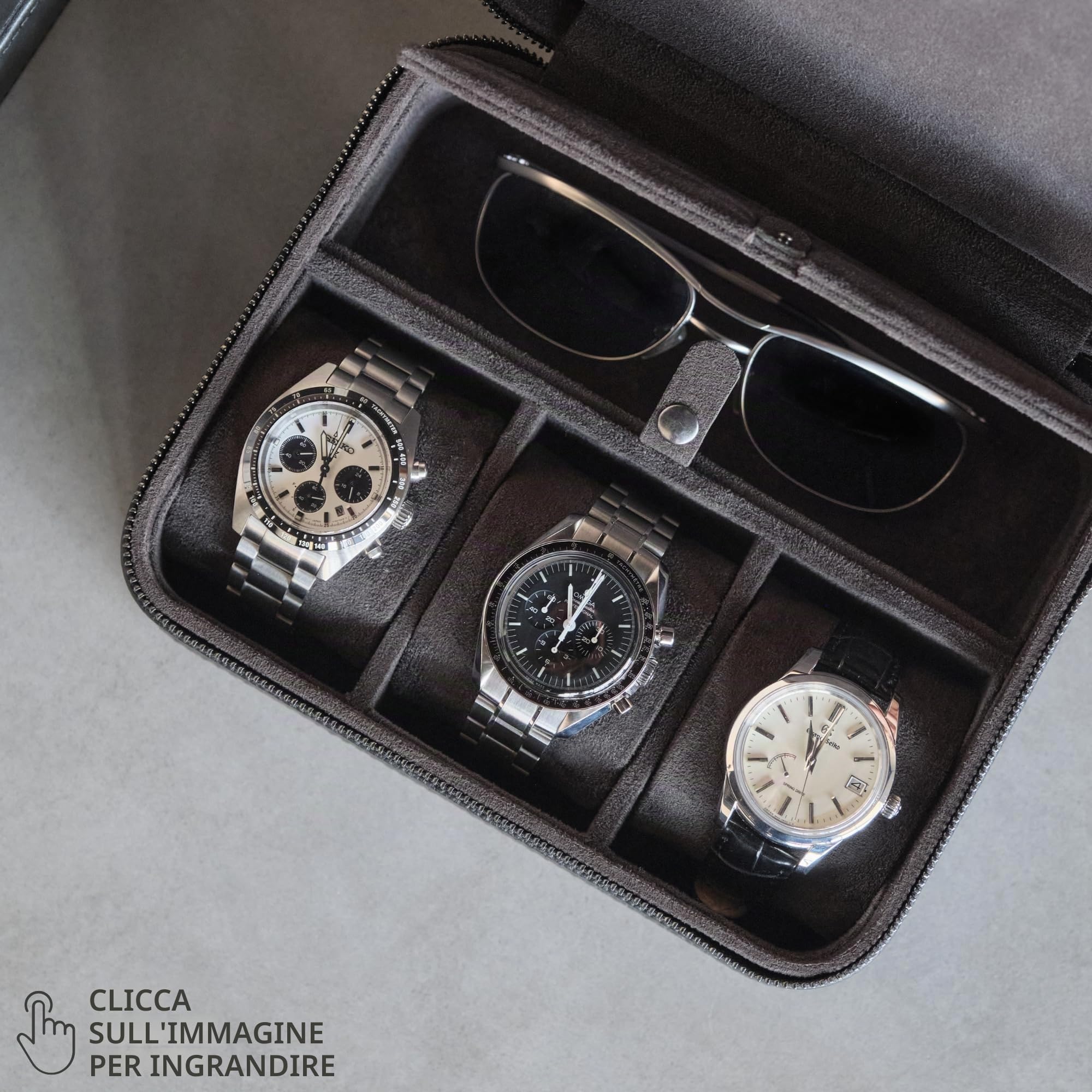 TAWBURY Custodia per orologi a 3 slot più spazio - Custodia da viaggio in pelle di lusso per uomo | Casse nere per orologi da viaggio da uomo | Custodia a rotolo nera per orologi | 3 scatole per