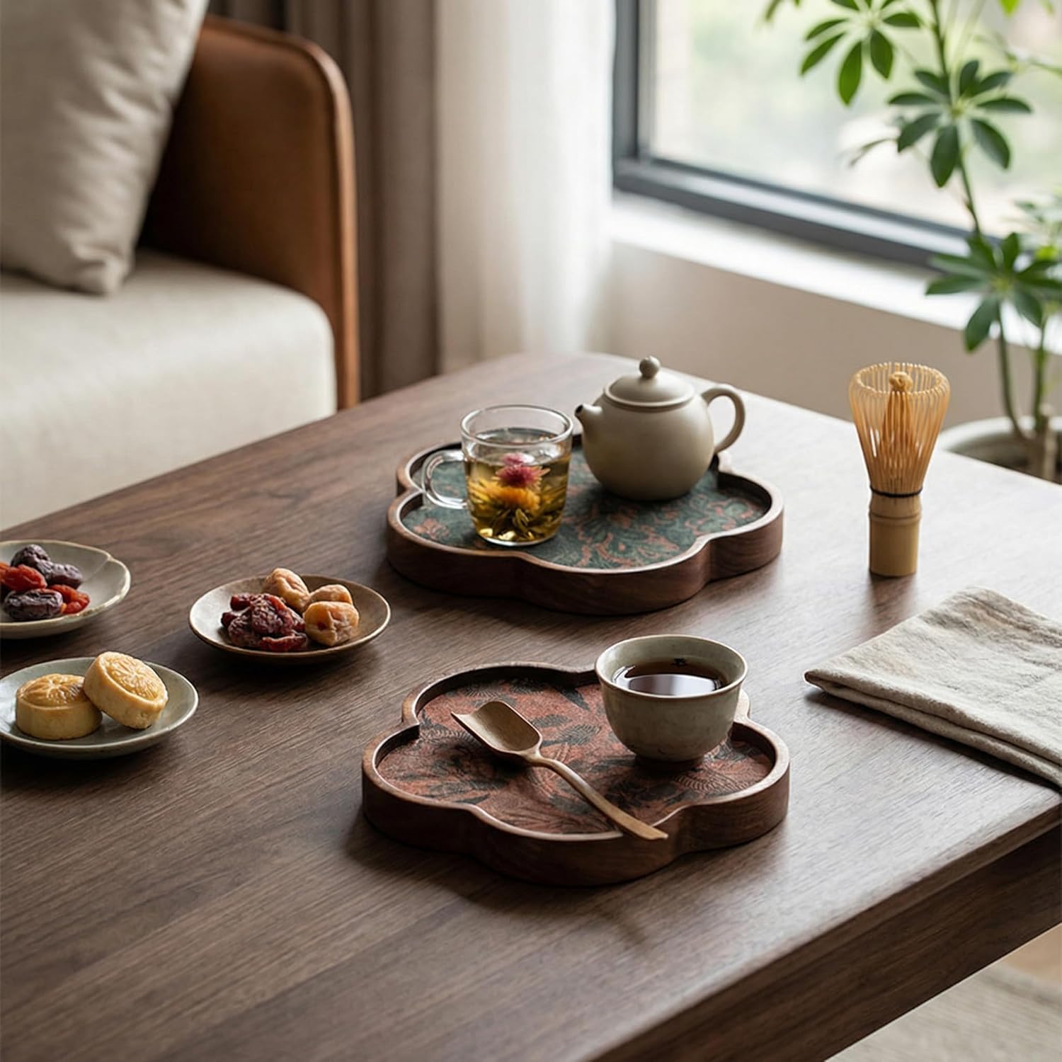 Minimalist Classic Walnut Wood Tea Tray, Solid Wood Handmade Tea Ceremony Tray, Natural Wood Grain Tea Serving Tray for Home/Office/Tea Room Study, Golden Patterns