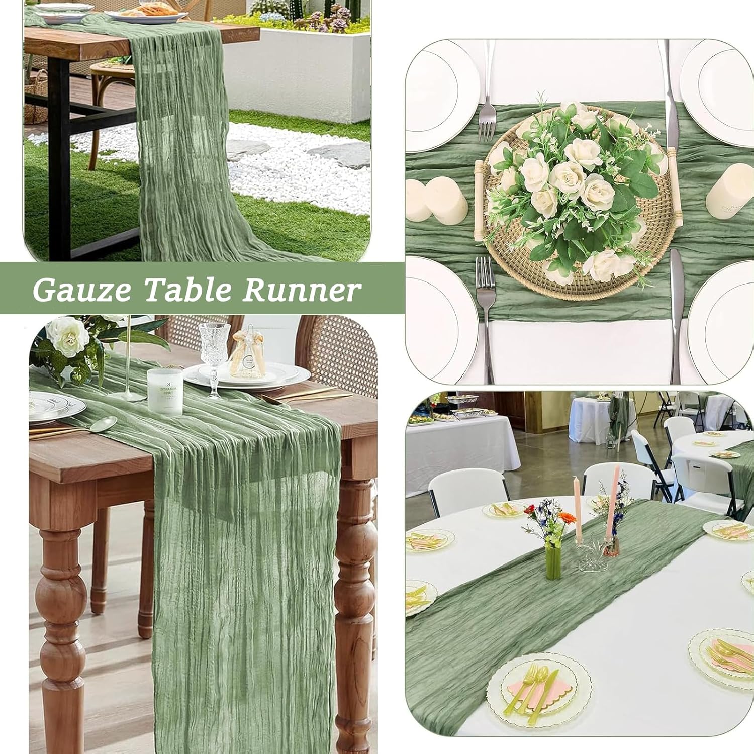 10 Pack Sage Green Cheesecloth Table Runner 10ft Boho Gauze Fabric Cheese Cloth Table Runner 35 x 120 Inch Rustic Sheer Runner for Romantic Wedding Birthday Baby Shower Party Table Decoration