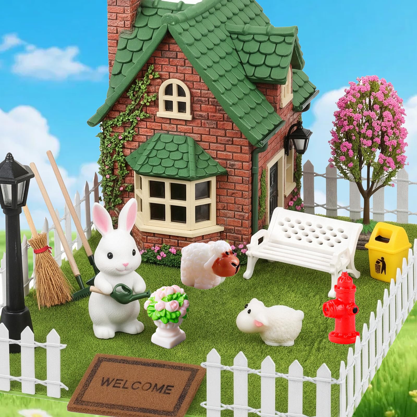 21 Stück Miniatur Garten Zubehör, Wichtel Zubehör Puppenhaus Zubehör Mit Gras, Stühle, Werkzeug, Zaun, Mülltonne, Hydrant, Blumenbeet, Kreppmyrte, Besen, Teppich, Schafe Wichtel Garten Set