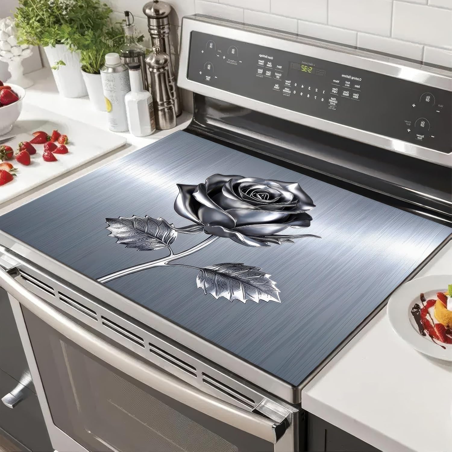 HOMETITUTE Stove Top Covers for Electric Silver Rose Kitchen Stove Top Covers Pad 28 x 20 inches Coffee Bar Accessories for Kitchen Fit Under Coffee Maker, Machine, Pot Absorbent Mat Diatomite