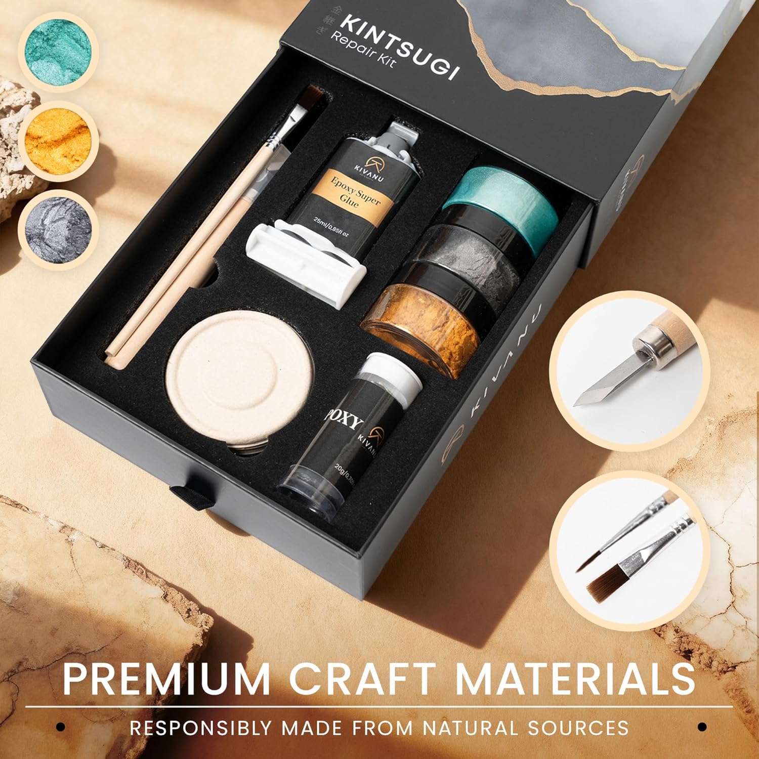KIVANU Authentic Kintsugi Repair Kit - Ceramic Repair Kit with Food Safe Epoxy - Gold, Silver & Exclusive Phoenix Green Colors - Complete Pottery Gift Set for Adults & Beginners