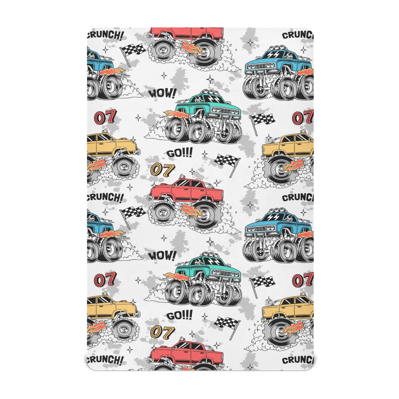 Monster Trucks White Baby Crib Sheets - Fitted Crib Sheet, Boys & Girls Cotton Crib Sheet for Standard Crib and Toddler Mattresses - S
