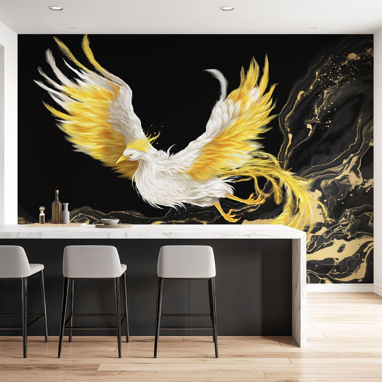 Générique Panoramiczna tapeta 250 x 175 cm do wejścia do głównej sypialni, biały i złoty ptak z efektem marmuru, tapeta z włókniny, dekoracja ścienna, fantazyjny atrament, czarna, do dekoracji domu