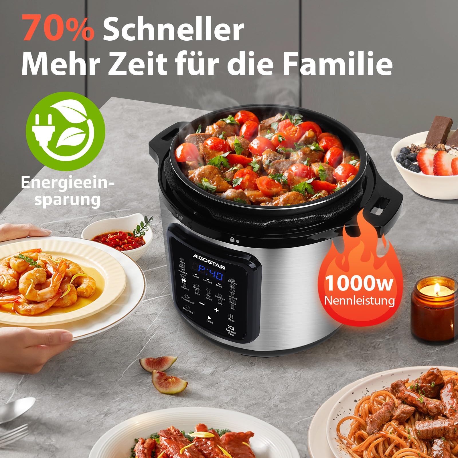 Aigostar Schnellkochtopf 6l, 18-in-1 Multikocher, Antihaft, leichte Reinigung, 1000 W Pressure Cooker, Rice Cooker, Slow Cooker, Dampfgarer, Joghurtbereiter, Speisewärmer inkl. farbigem Rezeptbuch