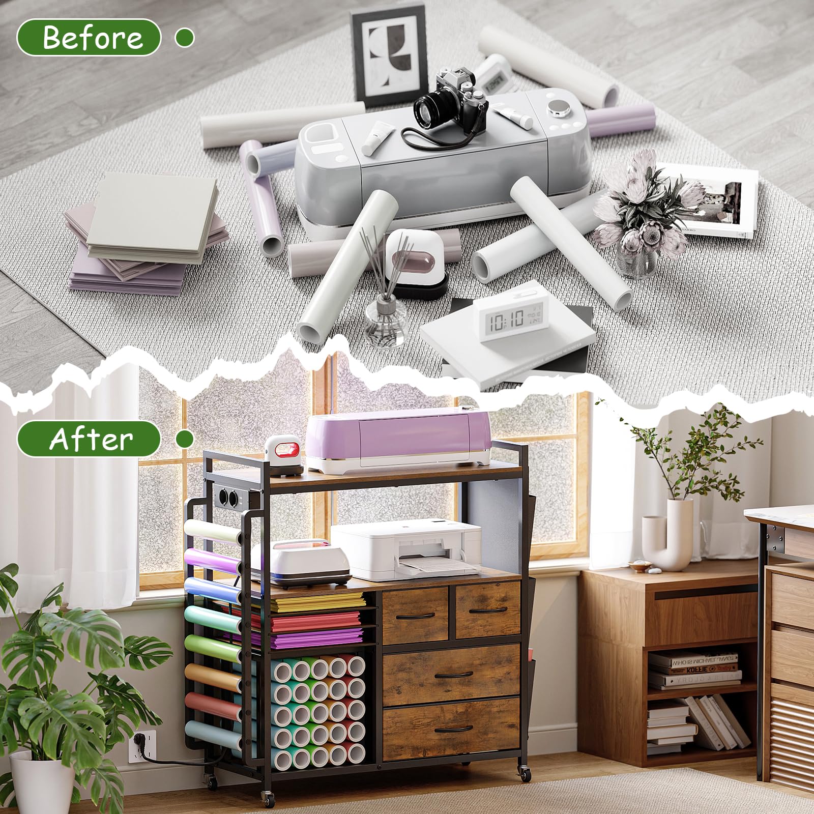 VEDECASA Grande organizer per bricolage, compatibile con macchine Cricut, cassetti in tessuto e porta rotolo in vinile, carrello mobile per la stanza del fai da te (marrone)