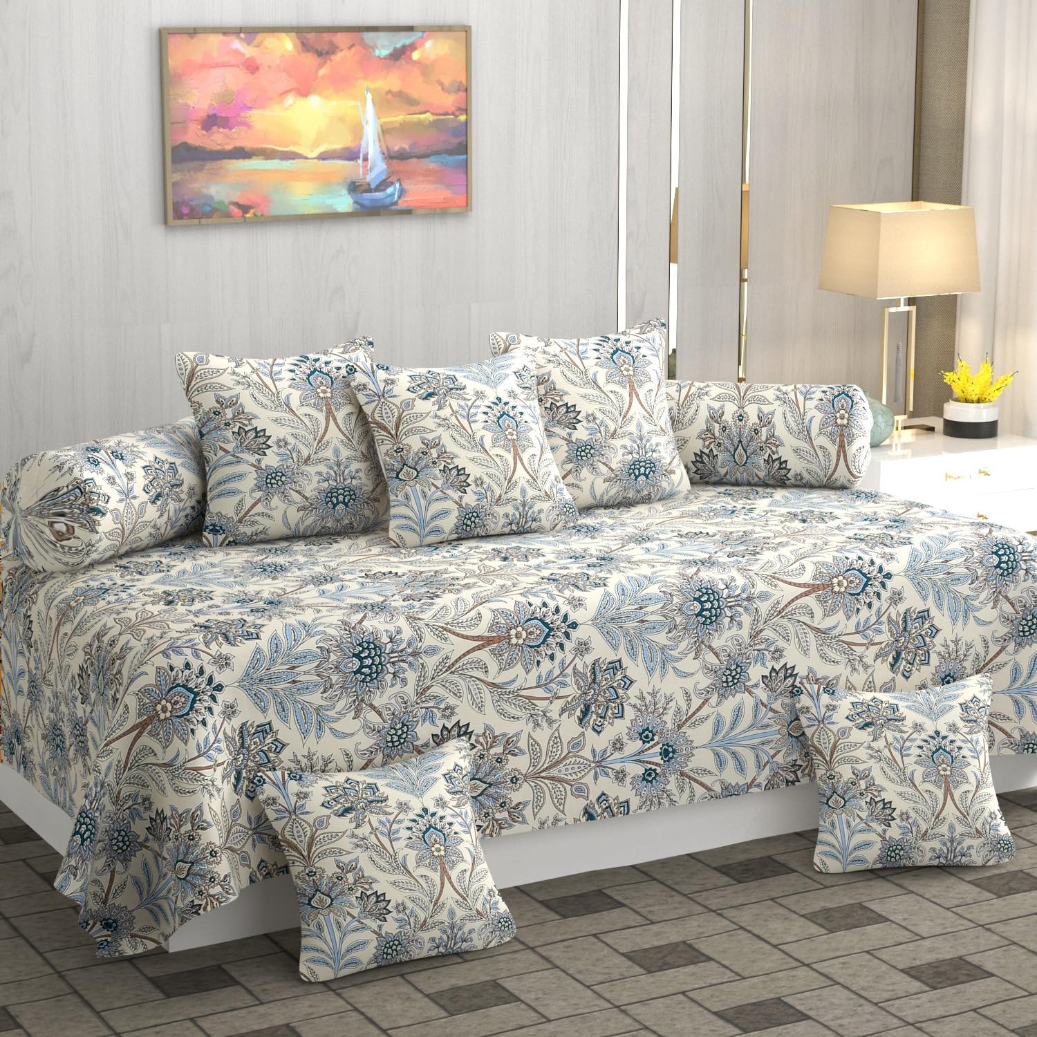 CHHILAKIYA 180 TC Diwan Set 8 Pcs | Pure Cotton | Designer Printed Diwan Set (1 Single Bedsheet, 2 Bolster Covers & 5 Cushion Covers) (White-Blue)
