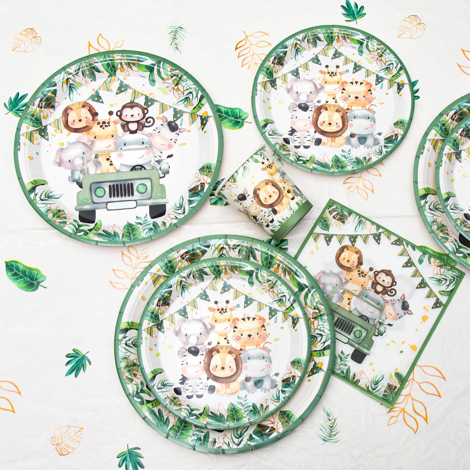 Vajilla Desechable Jungle Safari, 96 Piezas Vajilla Desechable Animale, Verde Salvia Platos Cumpleaños Infantil, Platos Tazas Servilletas Animale para Jungle Safari Cumpleaños Baby Shower 24 Invitados