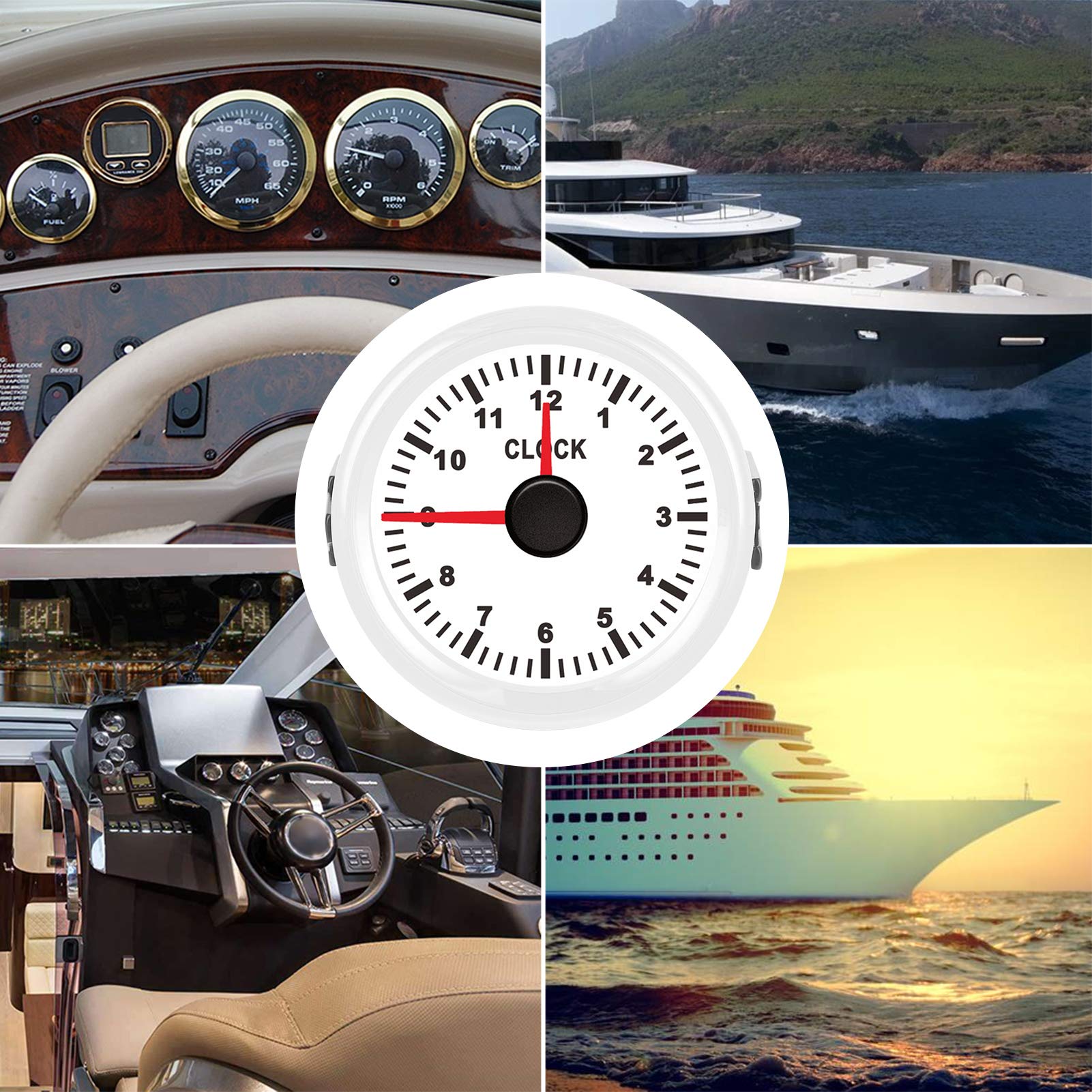 Qiilu Compteur d'heures de Bateau, Instrument de jauge d'horloge Universel 12 V / 24 V 2 Pouces 0-12 Compteur horaire rétro-éclairage Rouge pour Voiture Bateau Yacht Moto(Cadran Blanc Cadre Blanc)