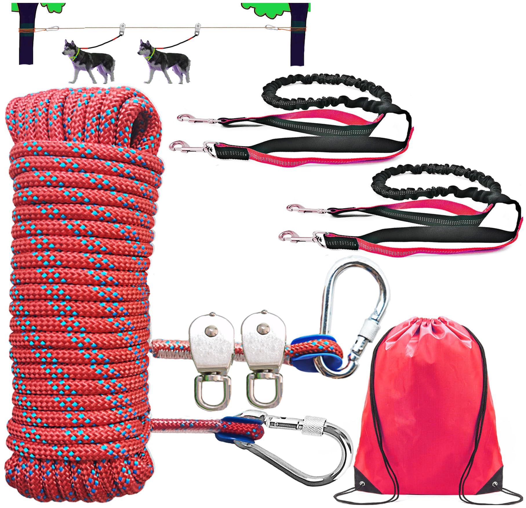 Dog Tie Out Cable for Camping, Dog Trolley System and 4ft Bungee Leash for Dogs Up to 400lbs, Suitable for Camping, Yard and Outdoor Events (Red for2,