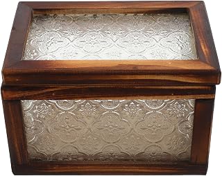 PATKAW Vintage Wooden Jewelry Box, Decorative Keepsake Organizer | 6.7x4.5x4in Old Fashioned Display Case with Floral Embossed Glass for Trinkets Rings and Earrings