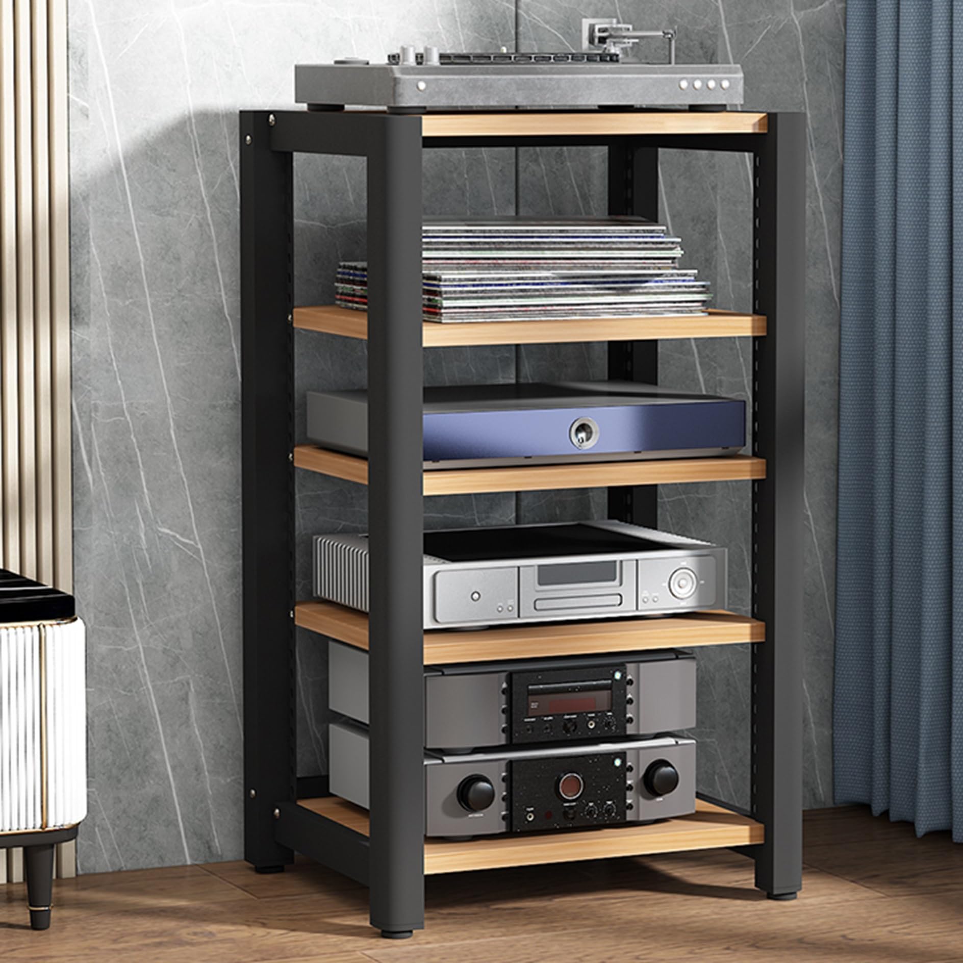 Light Walnut o Rack - 4-poziomowa szafka HiFi do telewizora i Ste, stojak na płyty winylowe i Ma Sto - Slish Phono półka na przetwornik cyfrowo-analogowy i wzmacniacz