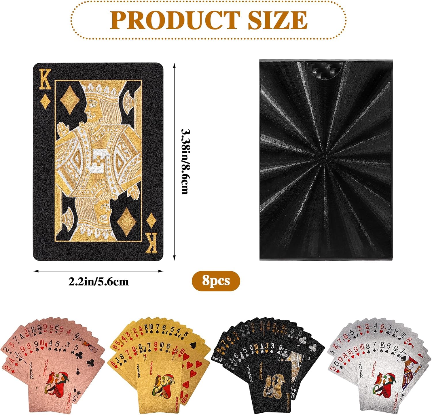 8 Pack Waterproof Playing Cards Plastic Gold Foil Playing Card Plastic Playing Ca-RDS 4 Colors Waterproof PET Foil Poker Ca-RDS Bulk for Party and Game