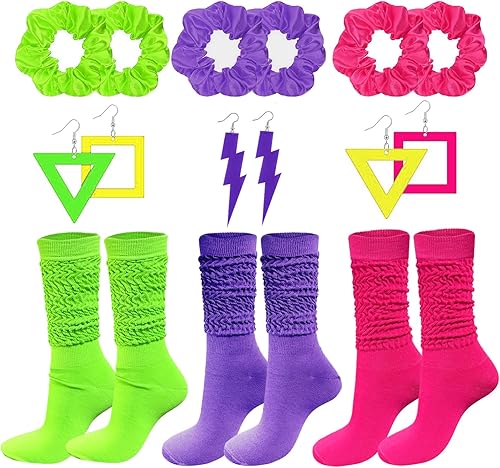 Accesorios de disfraz de los años 80 para mujer, calcetines de neón para el cabello, aretes para fiesta retro de los años 80