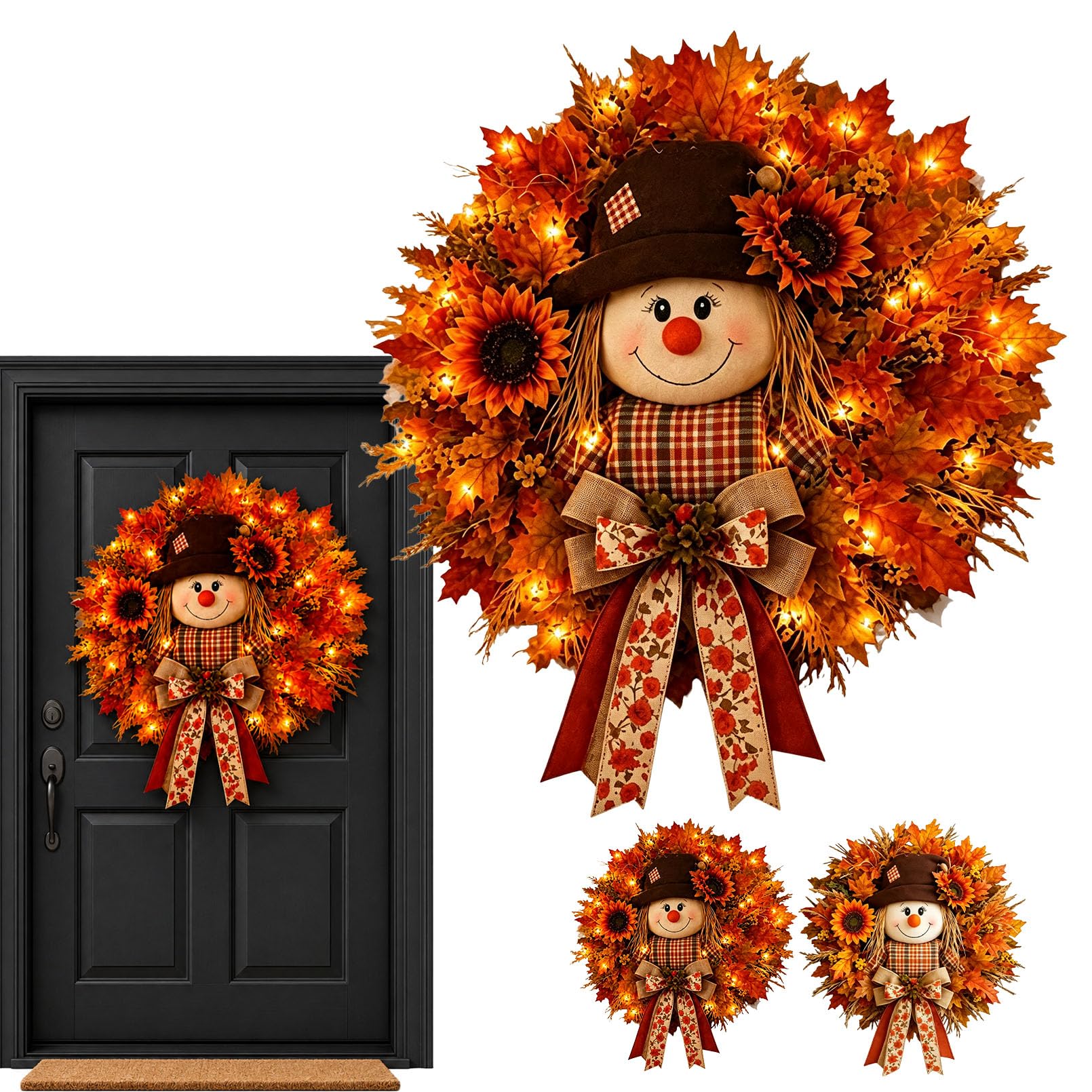 Lighted Scarecrow Fall Wreath – Autumn Front Door Decor with Sunflowers (No Lights-A)