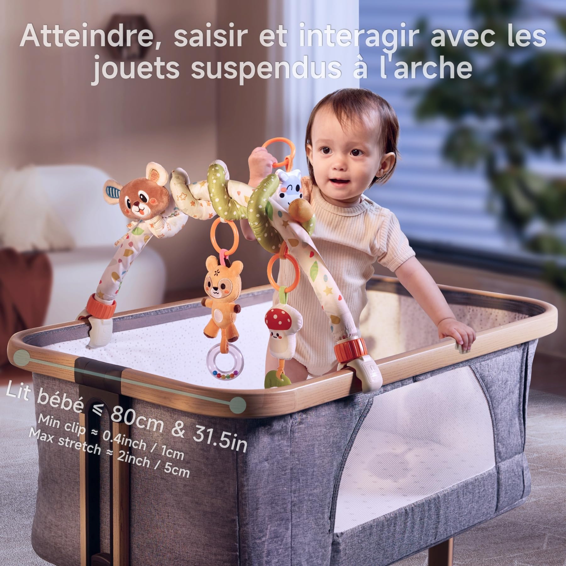 TUMAMA Arche Poussette avec Jouet Spiral 0 3 6 9 12 18 Mois Arche d'activités Bébé Siège Auto Clip Arche d'Éveil Hochet 3 Animeaux Sensoriel Cadeau Nouveau-né