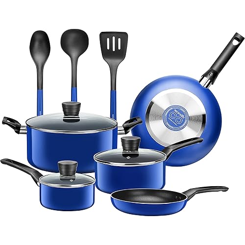 SereneLife Kitchenware Pots & Pans Basic Kitchen Cookware, Black Non-Stick Coating Inside, Heat Resistant Lacquer (11-Piece Set), One Size, Blue