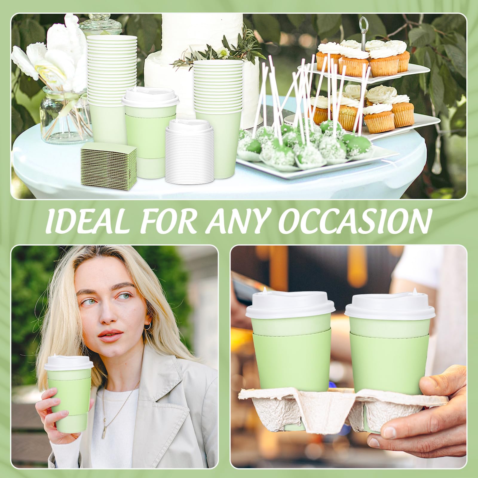 JarThenaAMCS 50 tazas de café desechables de color verde salvia con tapas y mangas, vasos de papel aislados de 12 onzas para el hogar, restaurante, viajes, suministros de fiesta de negocios