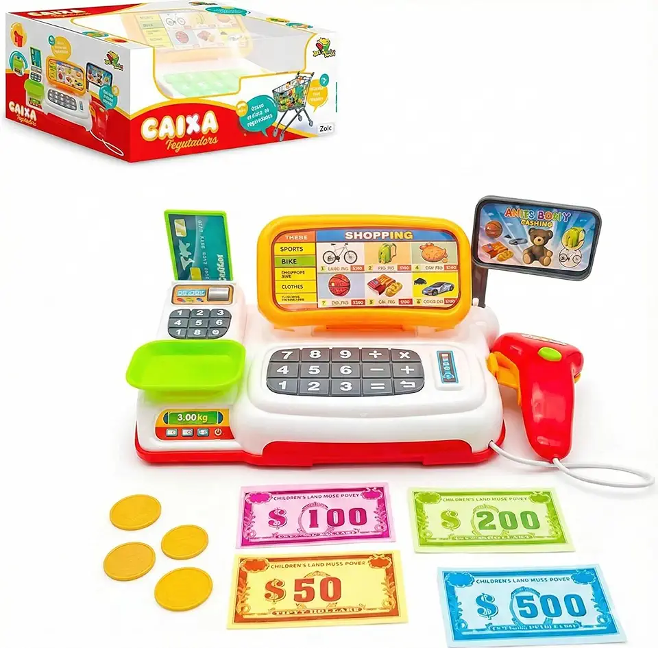 Caixa Registradora Infantil com Scanner, Display Digital, Calculadora, Dinheiro de Brinquedo, Cartão de Crédito, Acessórios para Brincadeira de Mercadinho