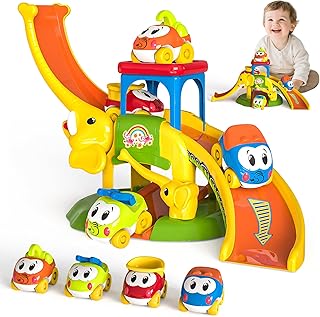 FUYLEY Toddler Toy for 1 2 3+ Years Old Boys Girls, Elephant Slide with 4 Animal Cars Learning Baby Toy, Sliding Motorway Birthday Gifts Age 18 Months and More