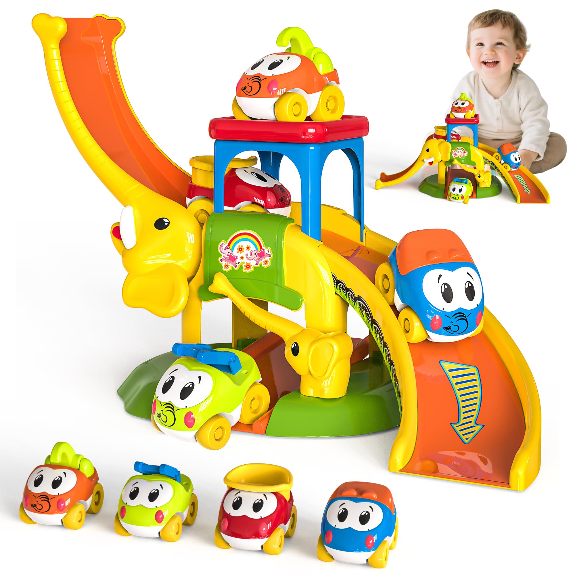 FUYLE Toddler Toys for 1 2 3 + Year Old Boys and Girls, Elephant Slide with 4 Animal Cars, Educational Learning Baby Toys for Toddlers, Push Car Track Birthday Gifts for Ages 18 Months and up