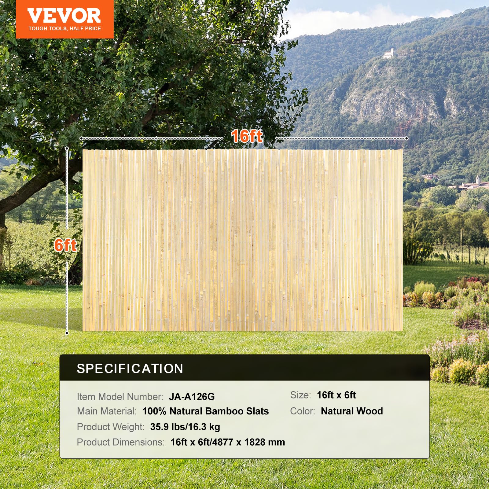 VEVOR Valla de Láminas de Bambú Natural 4,8 x 1,8 m Pantalla de Privacidad Rollo Protector Decorativo de Bambú para Ocultación en Jardín, Patio Trasero, Balcón, Junto a la Piscina, Madera Natural