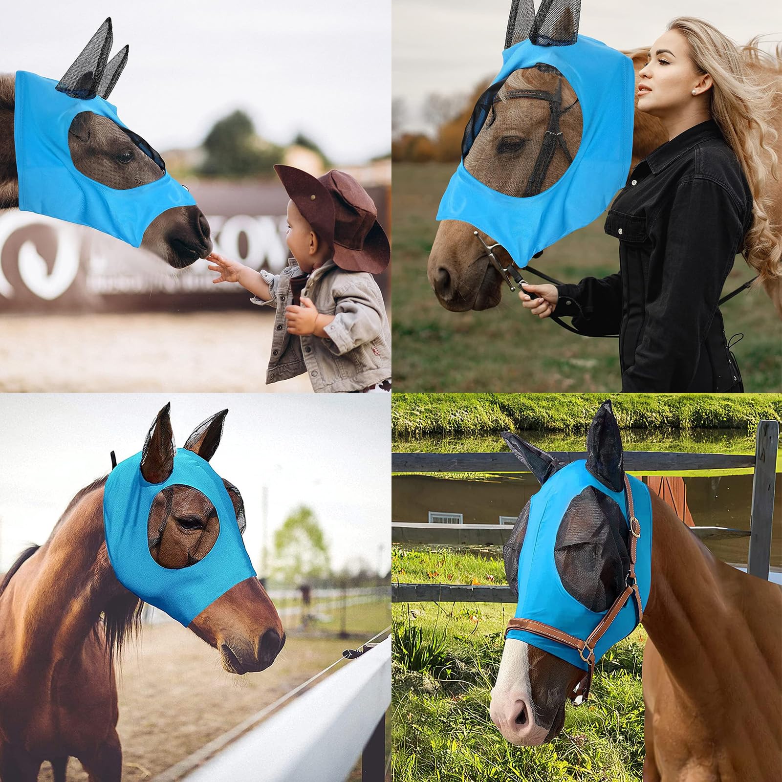 Máscara de Mosca de Caballo, Máscara Antimoscas para Caballo, Máscara de Mosca con Malla Transpirable, Anti-UV, Antimosquitos, Insectos, Máscara de Freno Elástica (Azul)