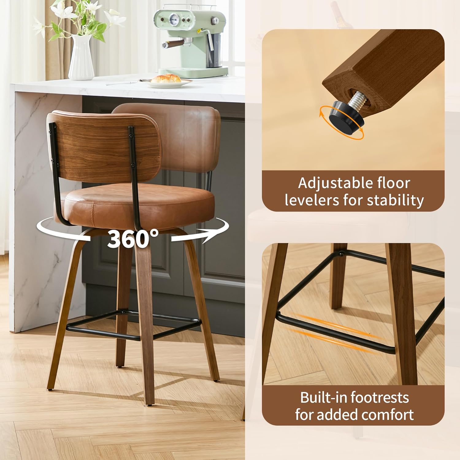 Solstrand Swivel Counter Height Bar Stools Set of 3, 26" Upholstered Faux Leather Bar Stools with Back and Walnut Wood Legs, Mid Century Modern Counter Stools for Kitchen Island Dining Room, Brown