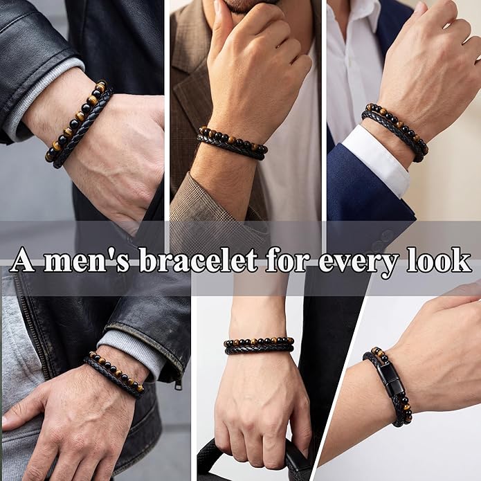 Pulsera para hombre de cuero con cuentas y acero inoxidable miniatura 5
