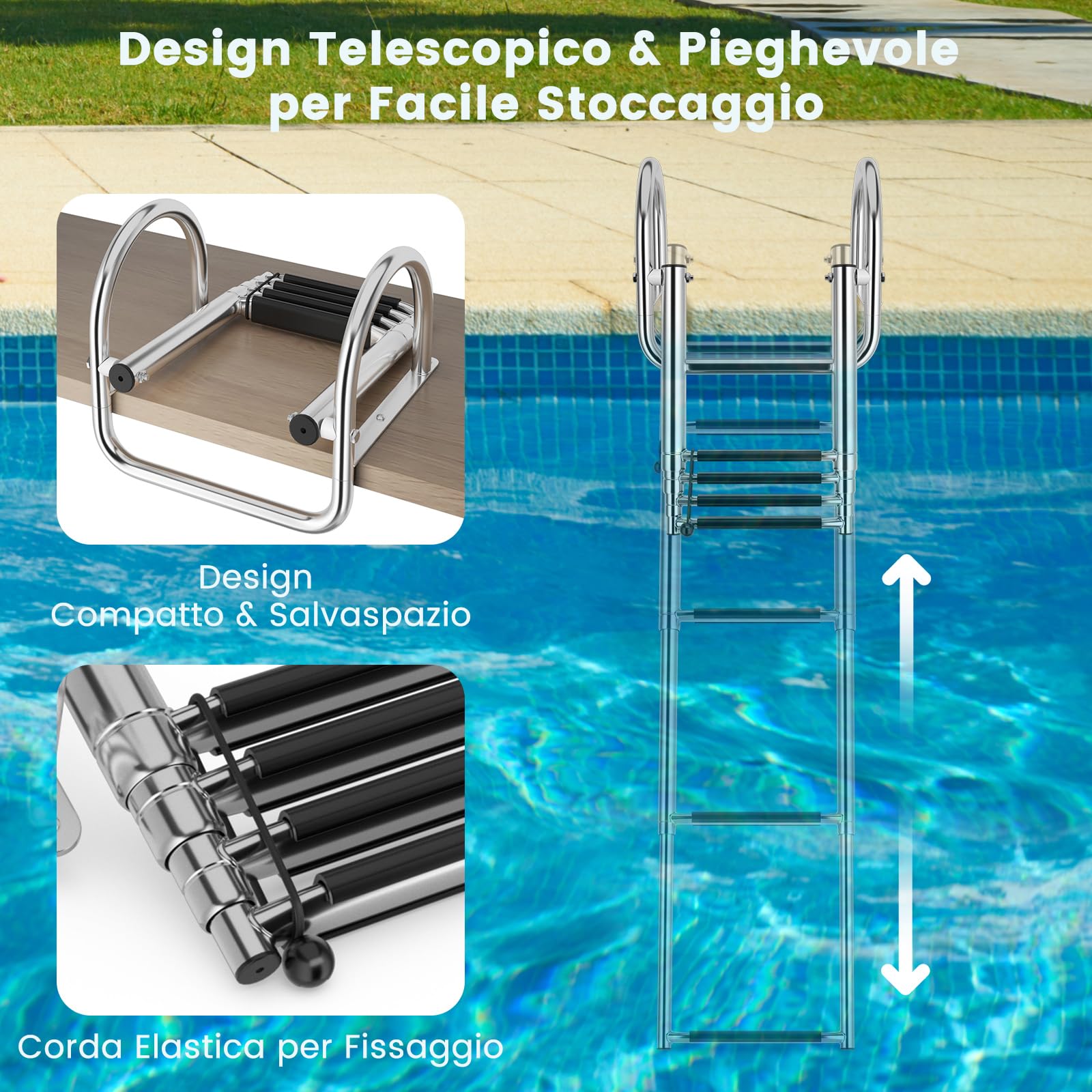 COSTWAY Scaletta Piscina Fuori Terra con 4 Gradini, Portata 227 kg, Scaletta per Pontile Pieghevole in Acciaio Inox con Corrimano e Gradini Antiscivolo, Resistente e Leggera, per Barca