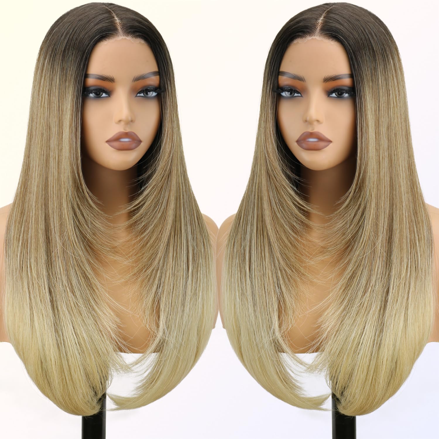 NOSTALGIA Ombre Blonde Wear and Go Glueless Wigs Pre Plucked Pre Cut for Beginners Synthetic Lace Front Wigs With Bangs Blonde Long Layered Straight Wigs