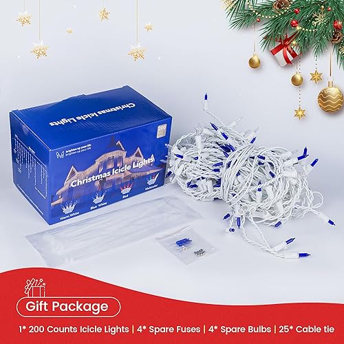 Miniatura 7 de 200 luces de Navidad de carámbano azul y transparente, bombilla incandescente de alambre blanco de 23 pies, luces de carámbano de Navidad, tira de