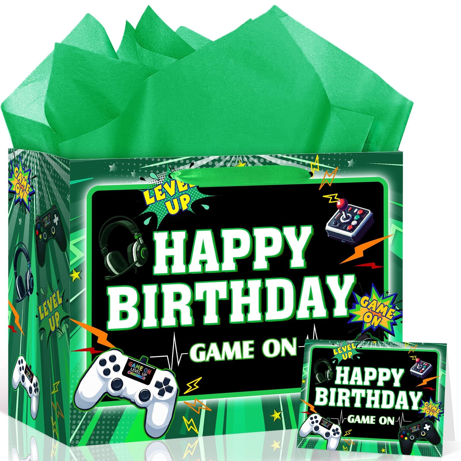 Woosytoo Game Theme Birthday Gift Bags Video Game Birthday Favor Bag with Card and Tissue Paper Green Video Game Gift Wrapping Paper Bag for Boys