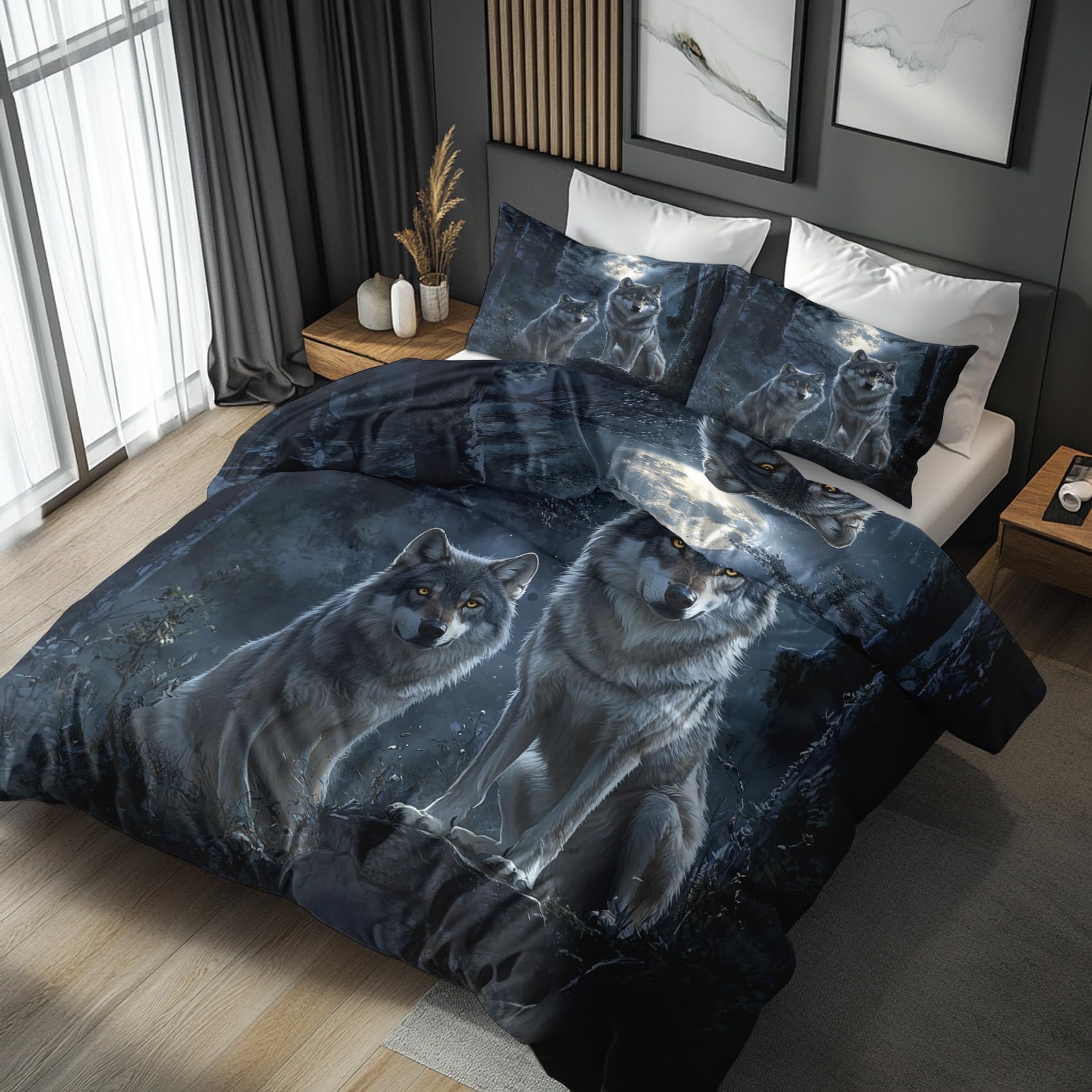 NOGAWA Wolf Single Duvet Cover Set - Moon Bedding Single - Reversible Quilt Cover & 1 Pillowcase with Zip and Ties, Ultra Soft and Non Iron Brushed Microfibre Bed Set