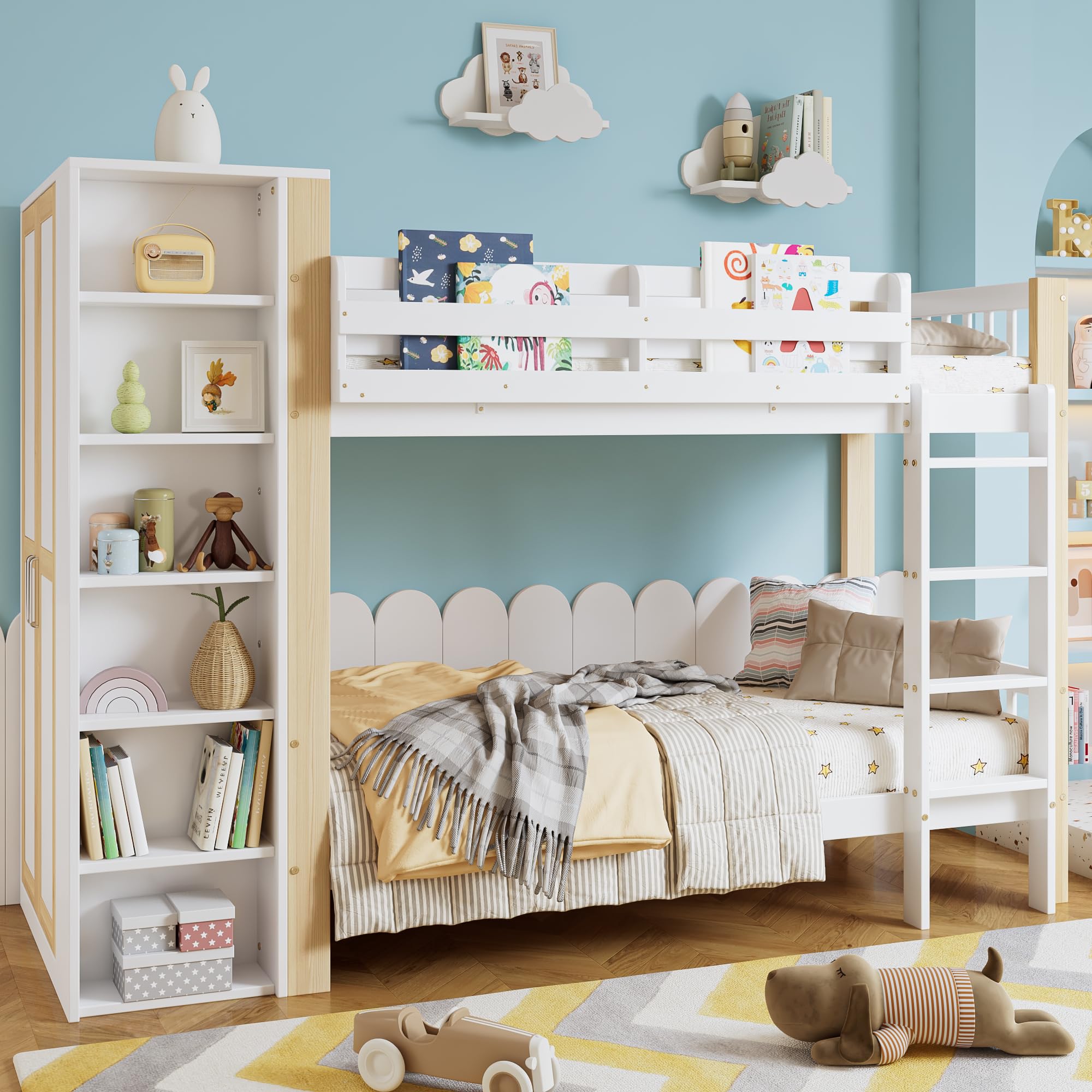 Letto A Castello 90x200 Con Scala A 4 Gradini, Letto A Soppalco Con 6 Ripiani Aperti E Armadio Laterale, Struttura In Legno Bianco Naturale Per Camera Da Letto