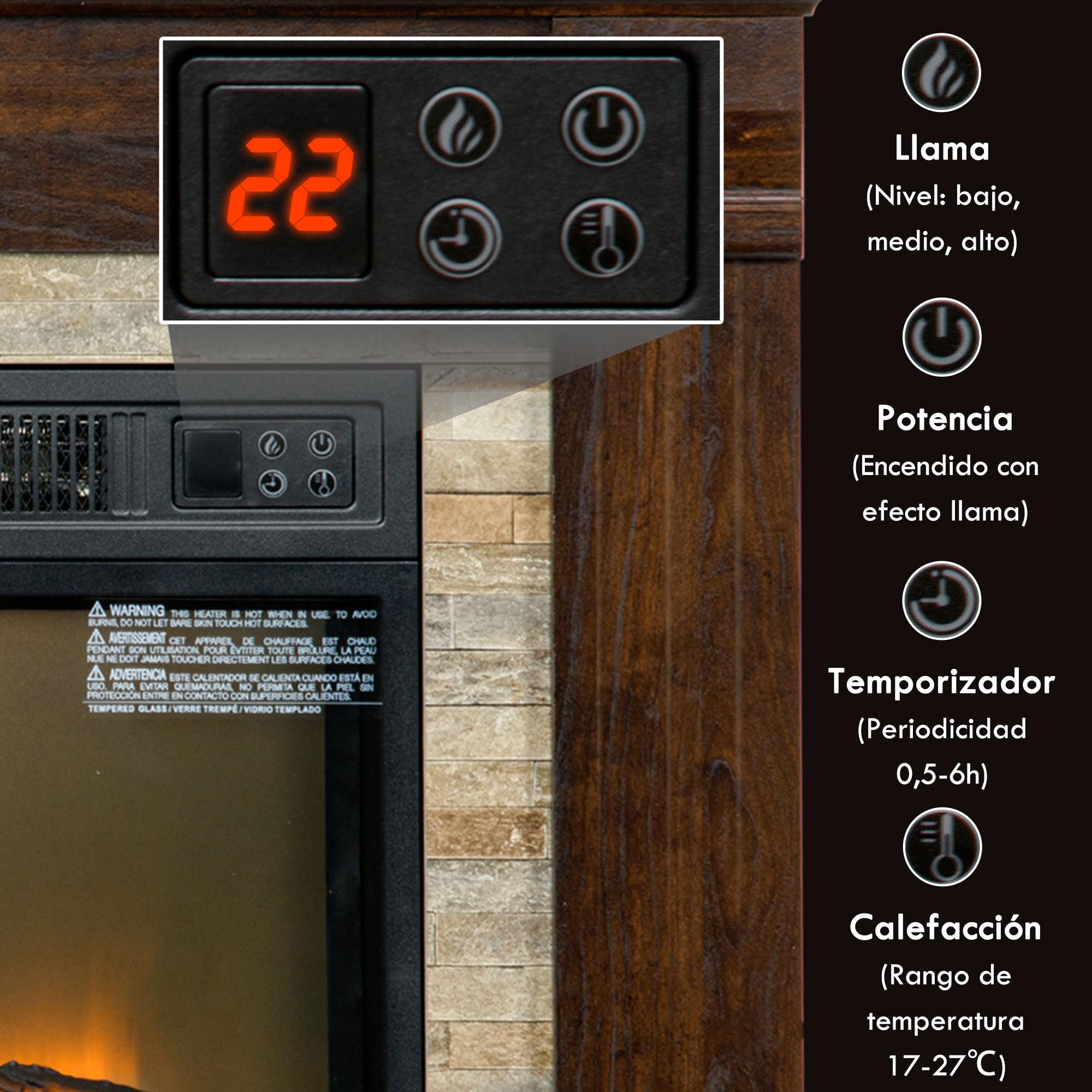 HOMCOM Elektryczny Kominek 1800W z Efektem Płomienia, Pilot, Timer, Termostat, 30 m², Ciemny Brąz
