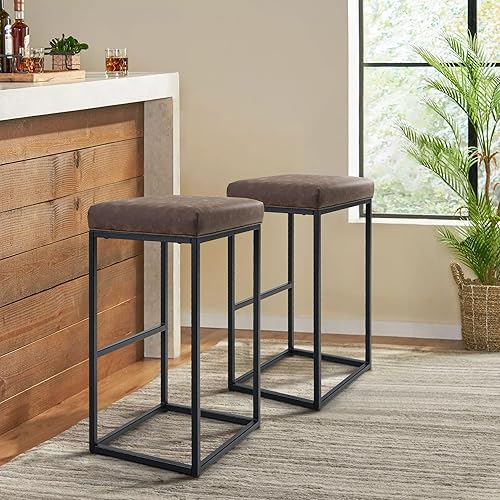 PHI VILLA Bar Stools Set of 2,30 Inches Square Leather Counter Height Bar Stools Without Back for Kitchen,Dining Room and Living Room,Modern Designed Bar Stools Furniture Decorates Every Room,Brown