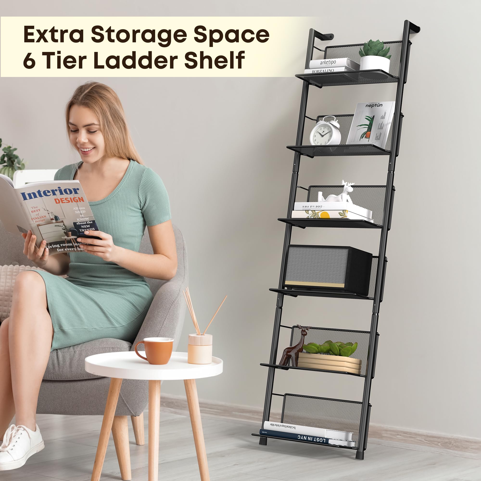 Estante industrial de escalera montado en la pared, organizador de estantería de metal de 6 niveles, estantes flotantes modernos de 47.6 pulgadas para plantas, libros y decoración del hogar, 5