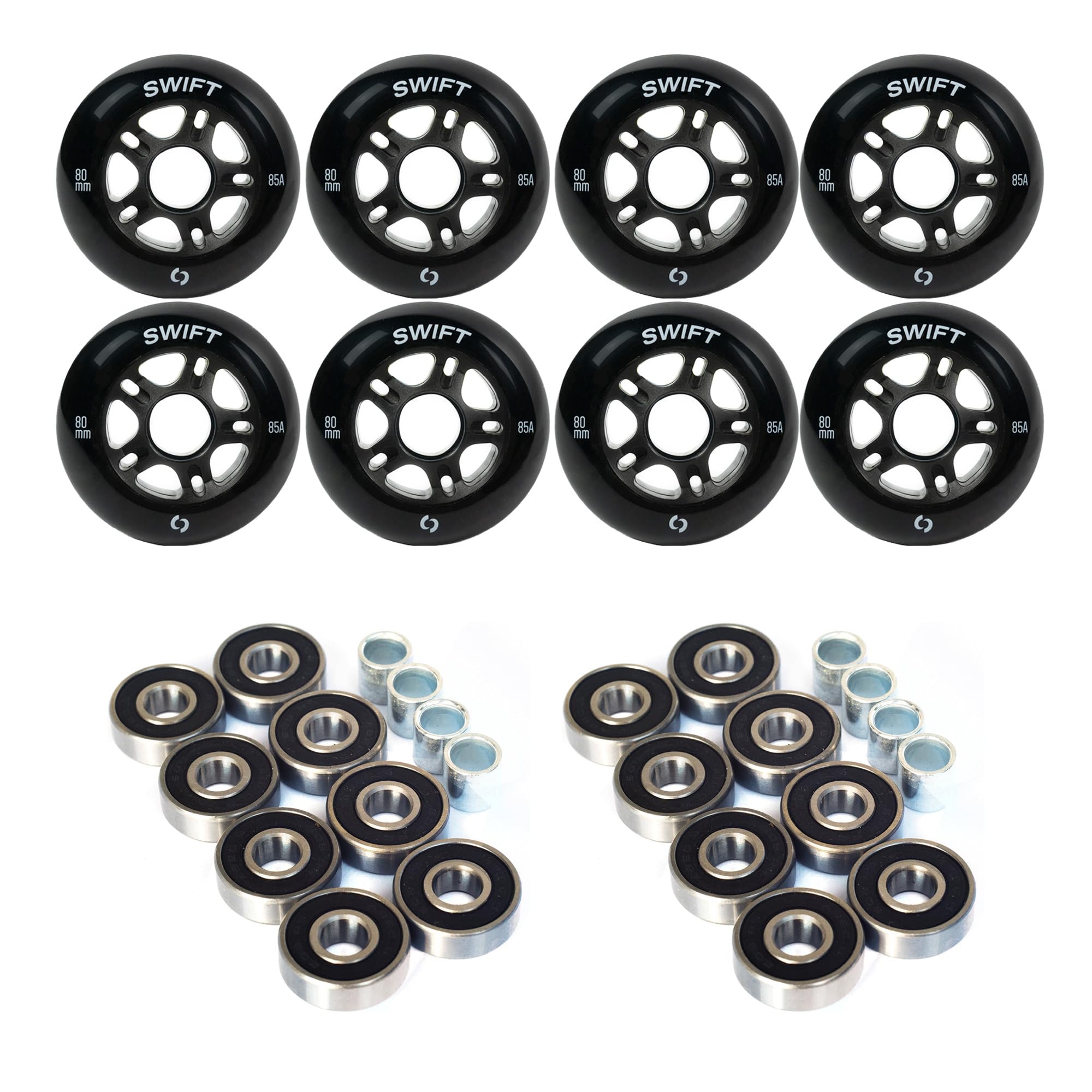 Switch Ruote per roller, 8 pezzi, 80 mm, 85 A/68 mm, 88 A, con cuscinetti ABEC 9, in linea, colore nero