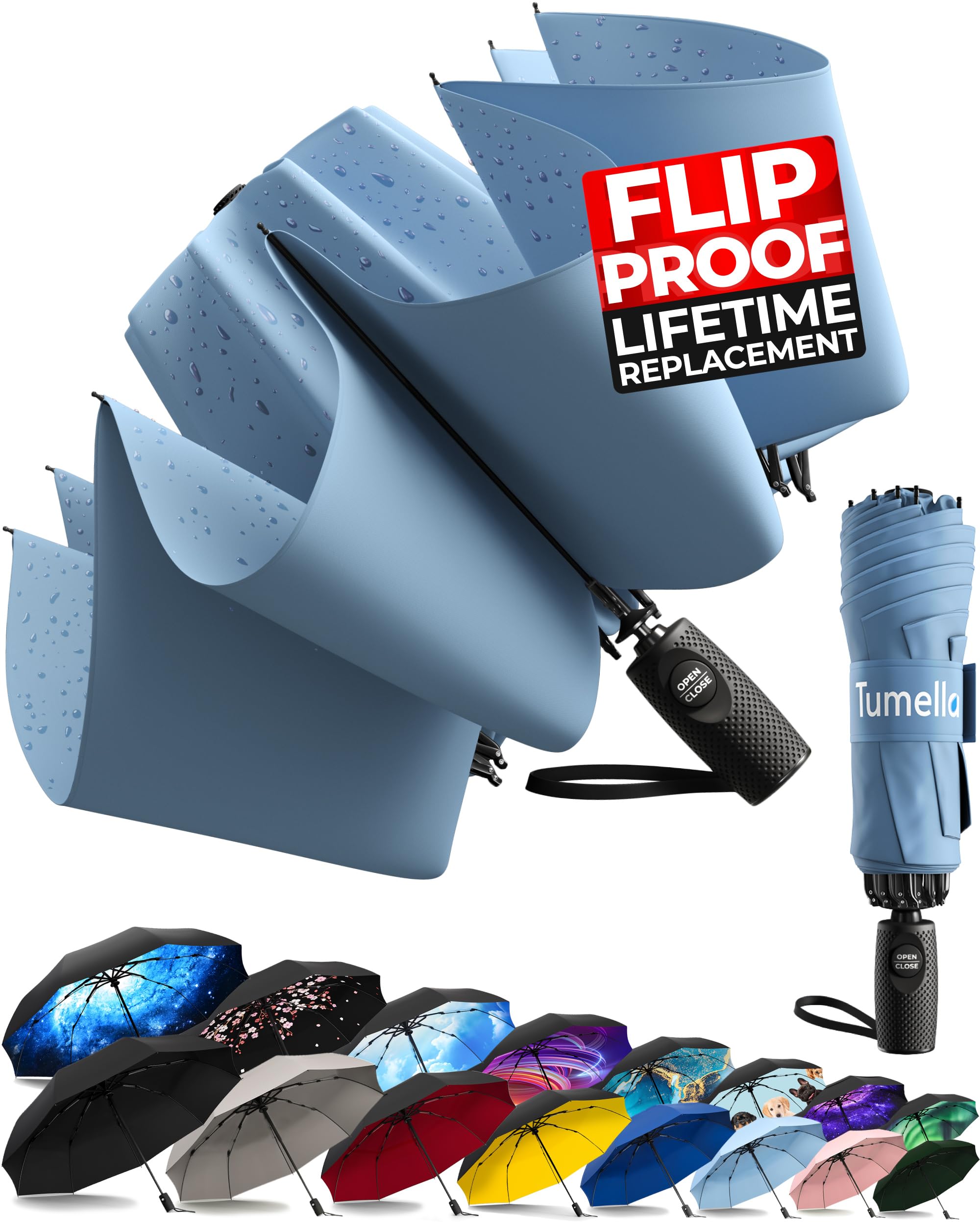 TUMELLAStrongest Windproof Reversed Travel Umbrella, Small Strong but Light Portable and Automatic Folding Rain Umbrella, Durable Premium Grip, Fits Car & Backpack