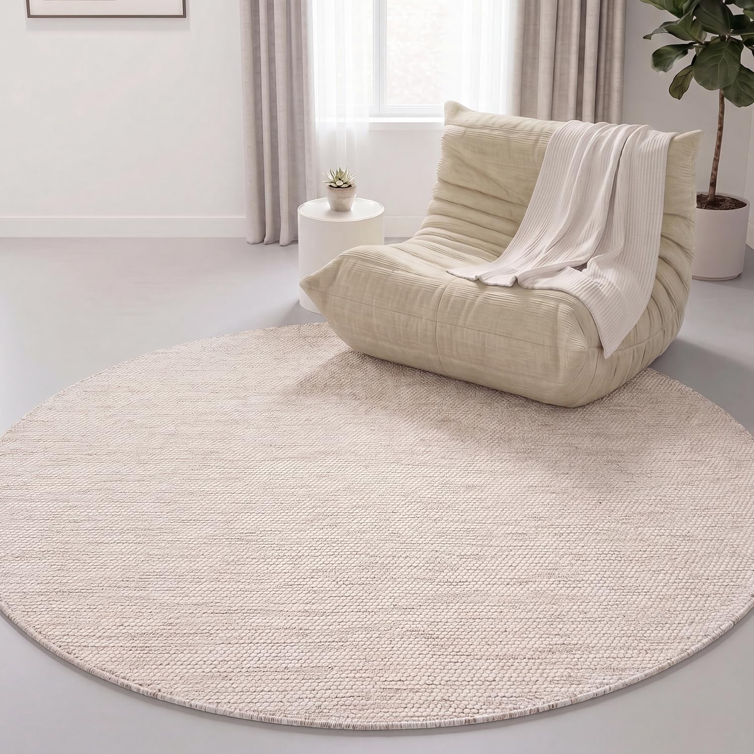Interiyou Alfombra Salon Artesanal de algodón Riga - 120x120 cm Redondo Crema - Tejido a Mano para Sala, Dormitorio - 100% artesanía de Fibra Natural