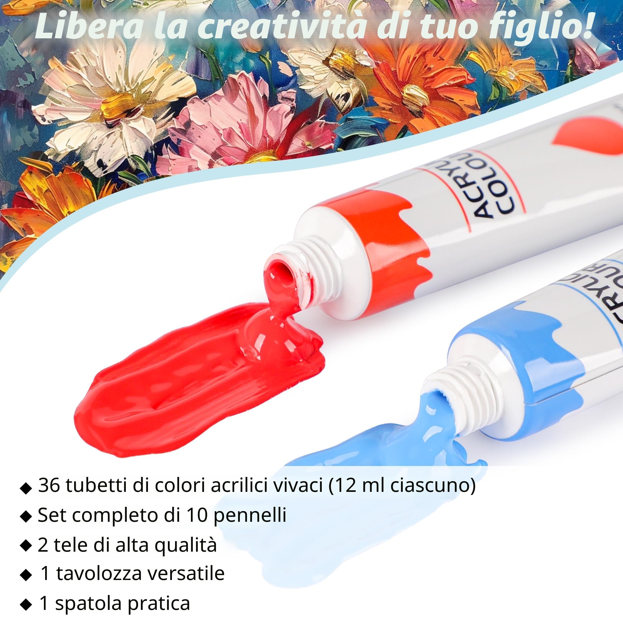 DazSpirit Set di Pittura Acrilica da 36 Colori | Colori Acrilici per Dipingere, Inclusi Pennelli, Palette e Tele, Colori Acrilici Ideale per Tela, Legno, Tessuto | per Principianti, Adulti e Bambini