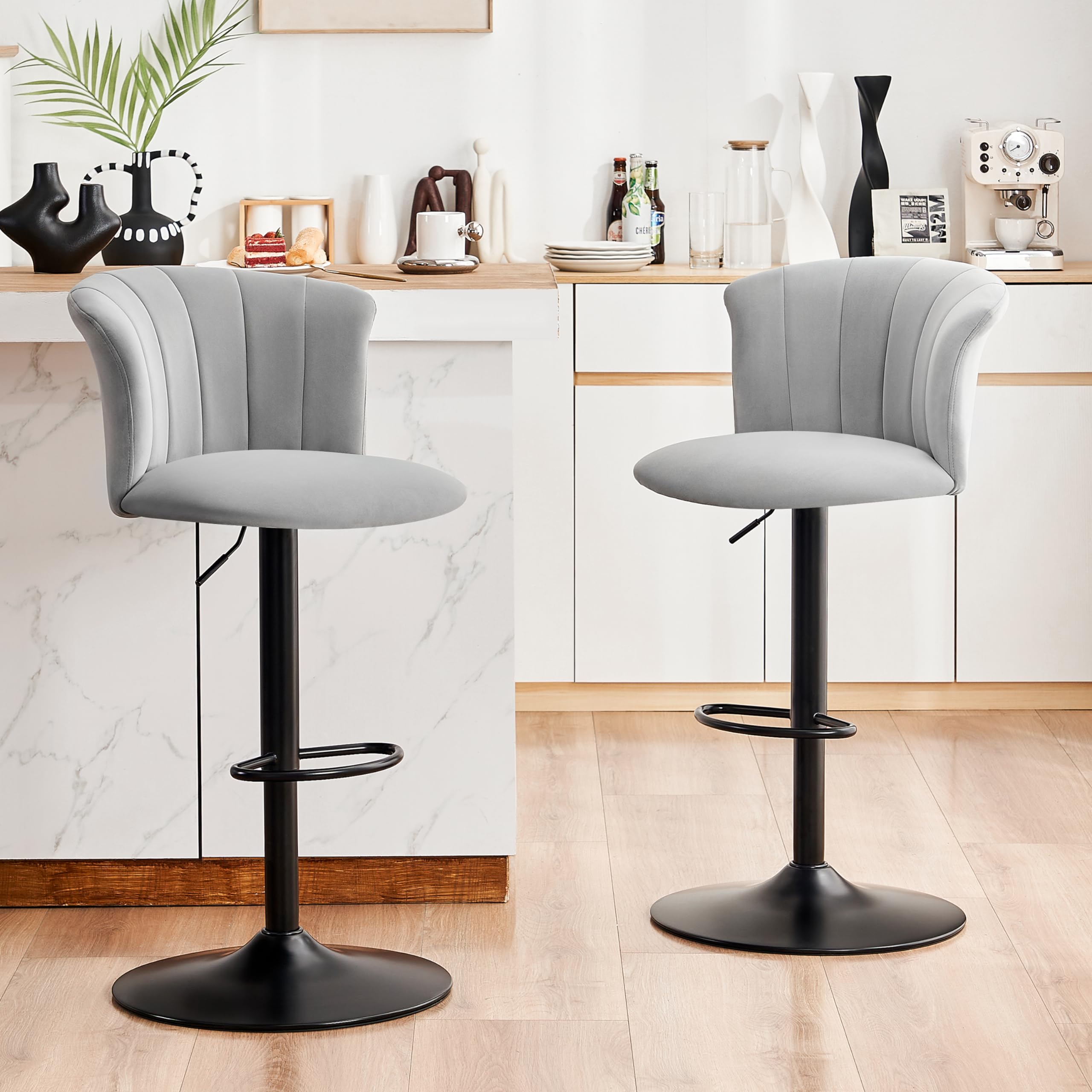 STOOLINK Set di 2 Sgabello da Bar, Sedia da Bar Tessuto Velluto Seta, Sgabelli Cucina con Poggiapiedi, Sgabelli da Bar Regolabile, Sgabelli Bar Girevole a 360° con Schienale-Grigio