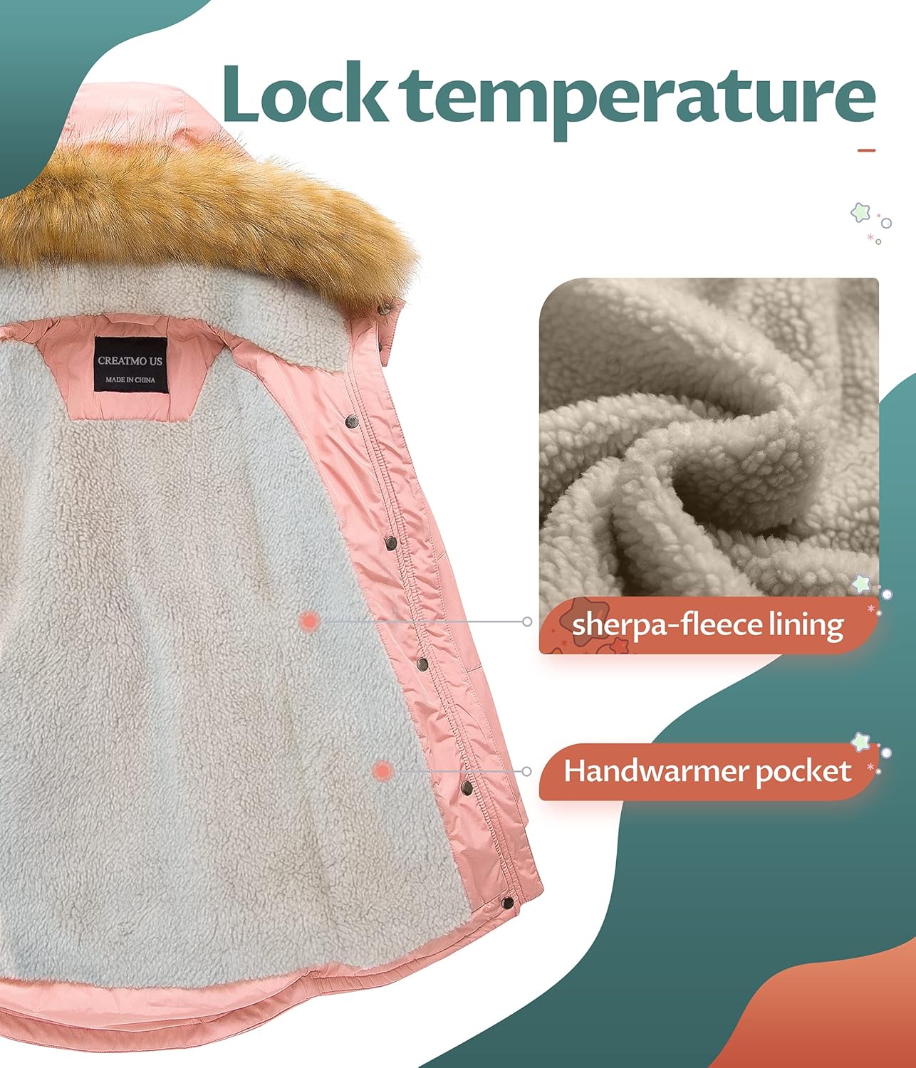 CREATMO US Girl's Long Winter Warm Parka Sherpa Trimmed Collar Puffer Ski Jacket Coat: Clothing, Shoes & Jewelry