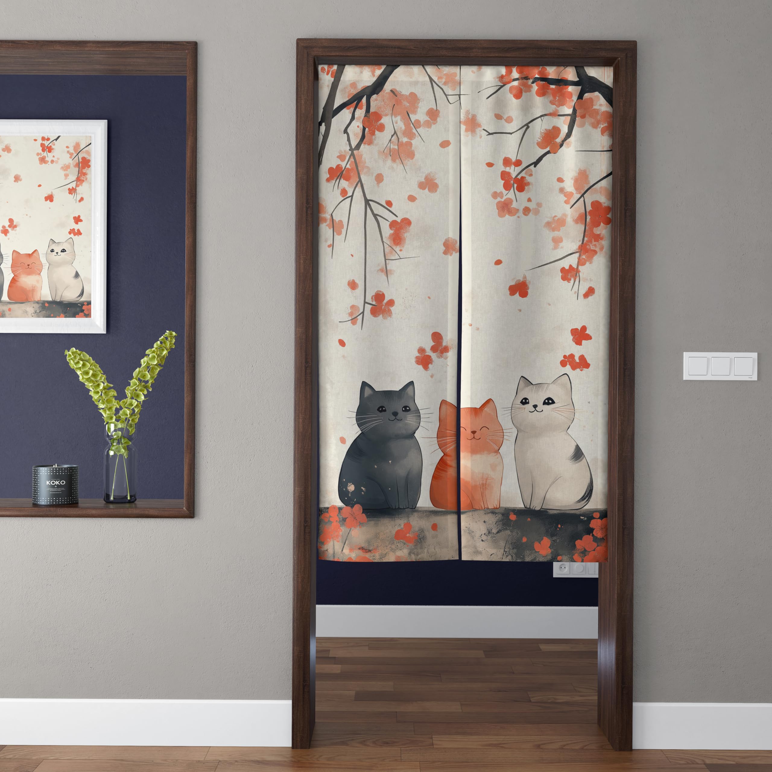 ChangTsing Japanischer Stil dick Leinen Noren Lang Vorhänge 85 x 150 cm Baumwolle und Leinen Japanischer Türvorhang Süße Katze - 4 für Küche, Schlafzimmer, Badezimmer