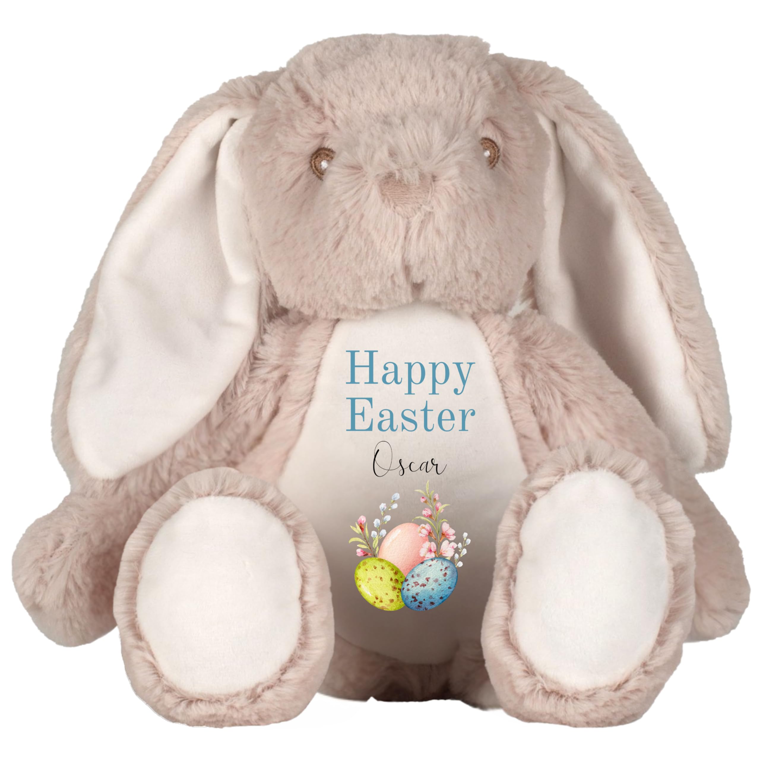 HotScamp Personalised Easter Bunny with Name - 3 Happy Easter Egg Blue - Soft Toy for Baby, Toddler, Children, Kids, Babies Spring Time - Blue Letter Brown Bunny โ image 1