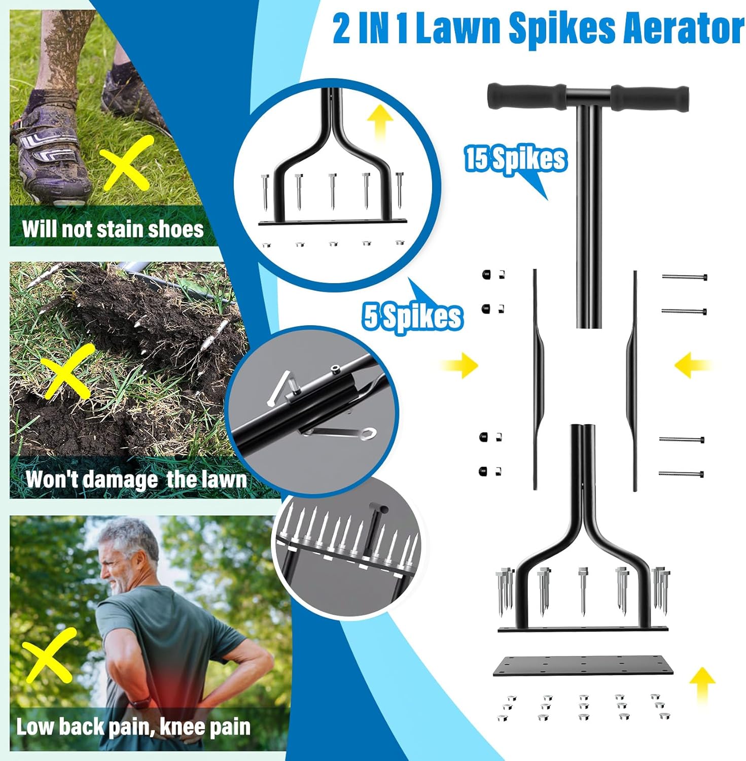 Lawn Aerator, Lawn Spike Aerator Manual Tool with 15 Pieces Solid Steel Spikes, Garden Grass Aeration, Soil Aerating Tool with Clean Tool for Aerating Lawns and Yard Care