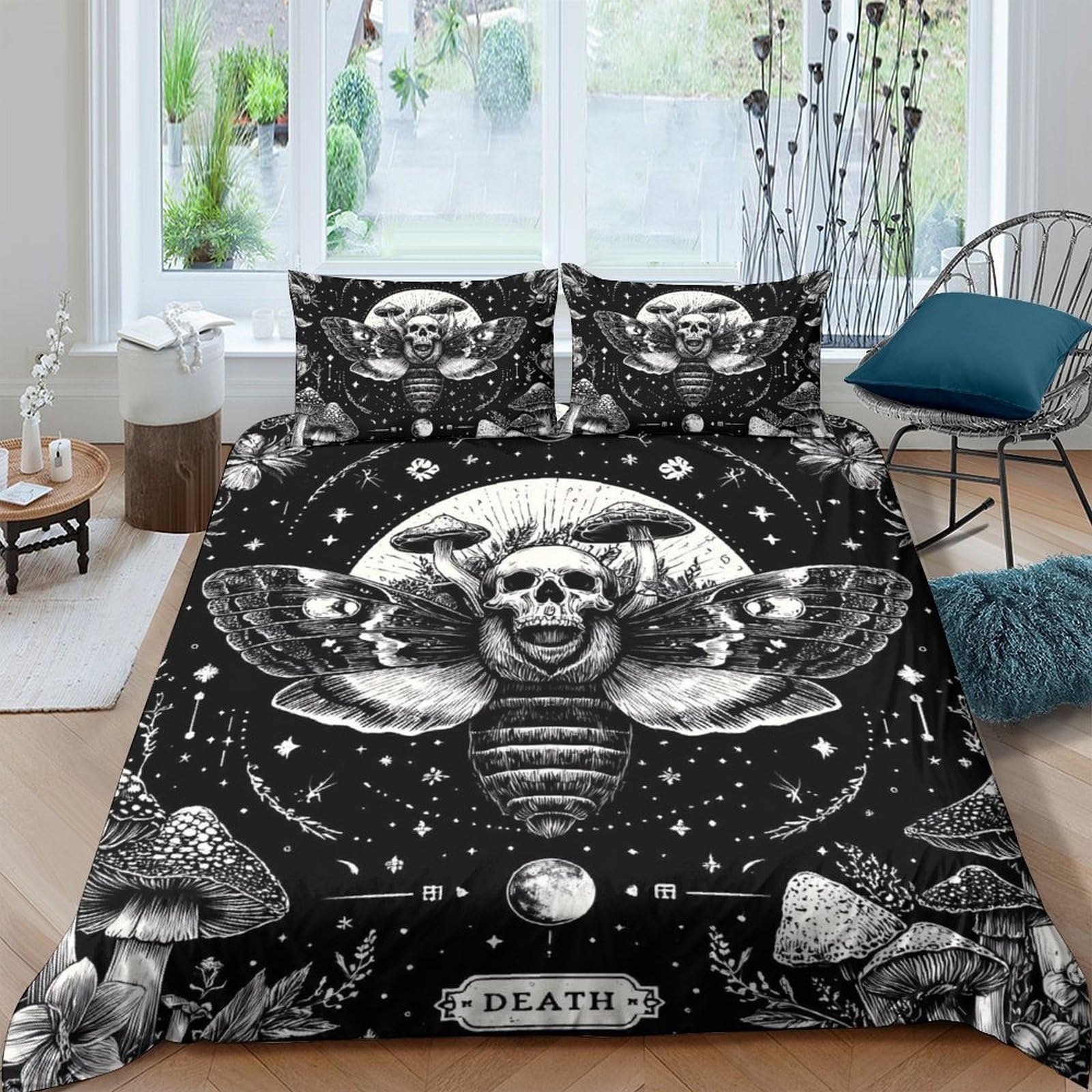 Ctjqhvkz Style-6 3D Printed Gothic Skull Moth Fitted Sheet Microfiber Black Mushroom Death Art Mattress Cover For Bedroom Dorm Decor Single（135X200cm）